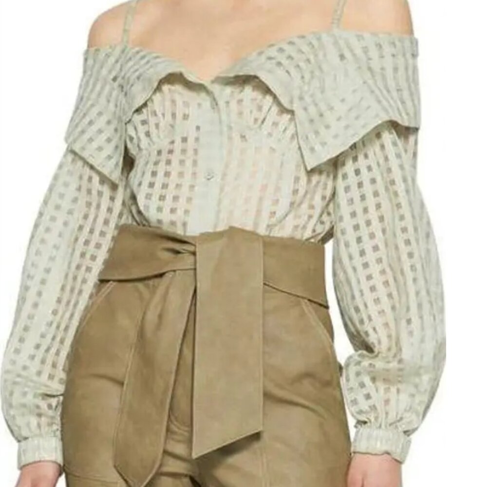 Jonathan Simkhai Paulina Sheer Windowpane Cotton & Silk Blouse Size XL